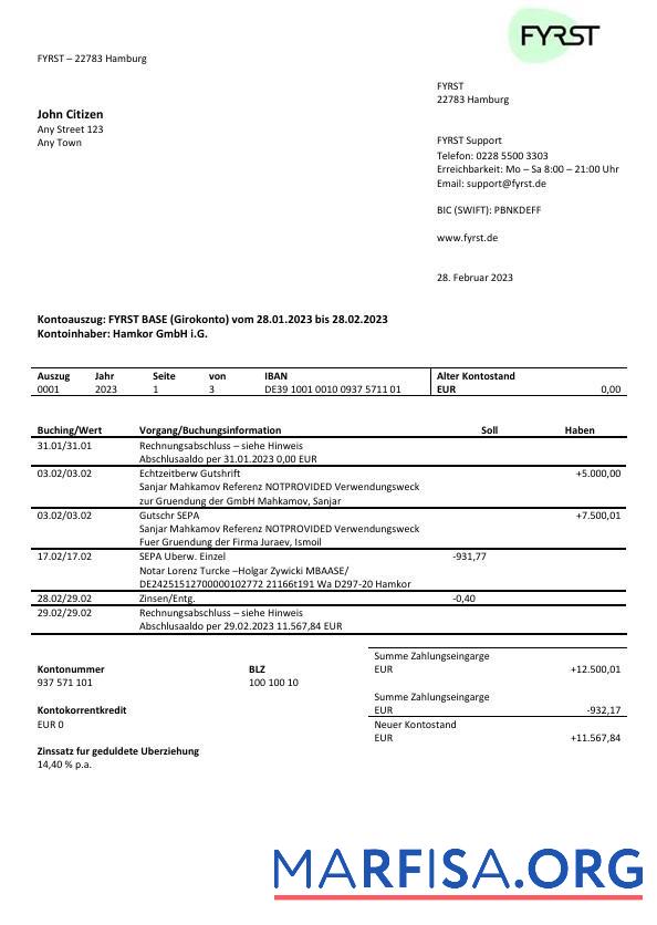 Blank Germany Fyrst bank statement Word and PDF template